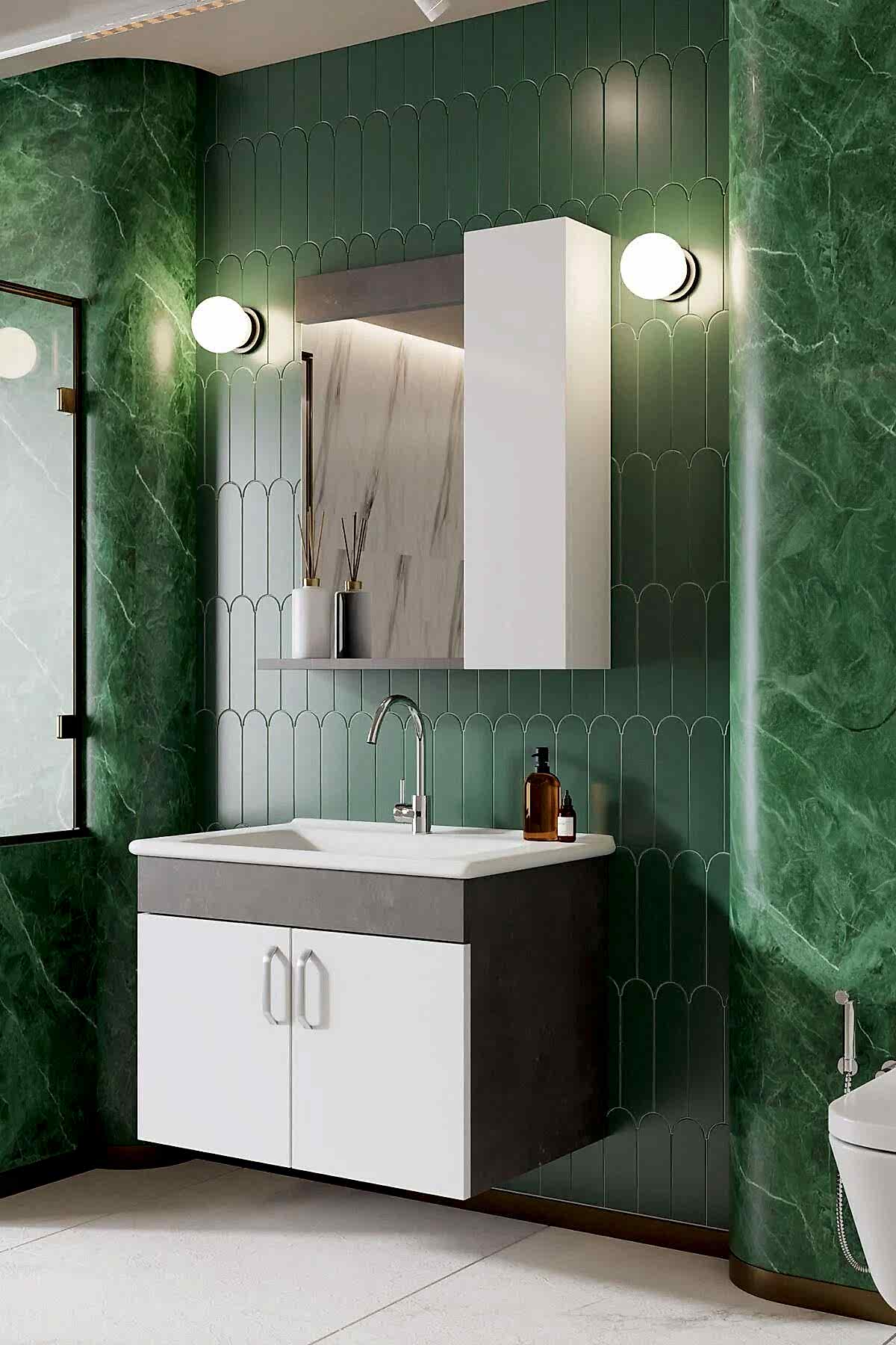 Karen Banyo Gumus 65 CM Lavabolu Banyo Dolabı Retro Gumus Beyaz - Mekan Kapı 