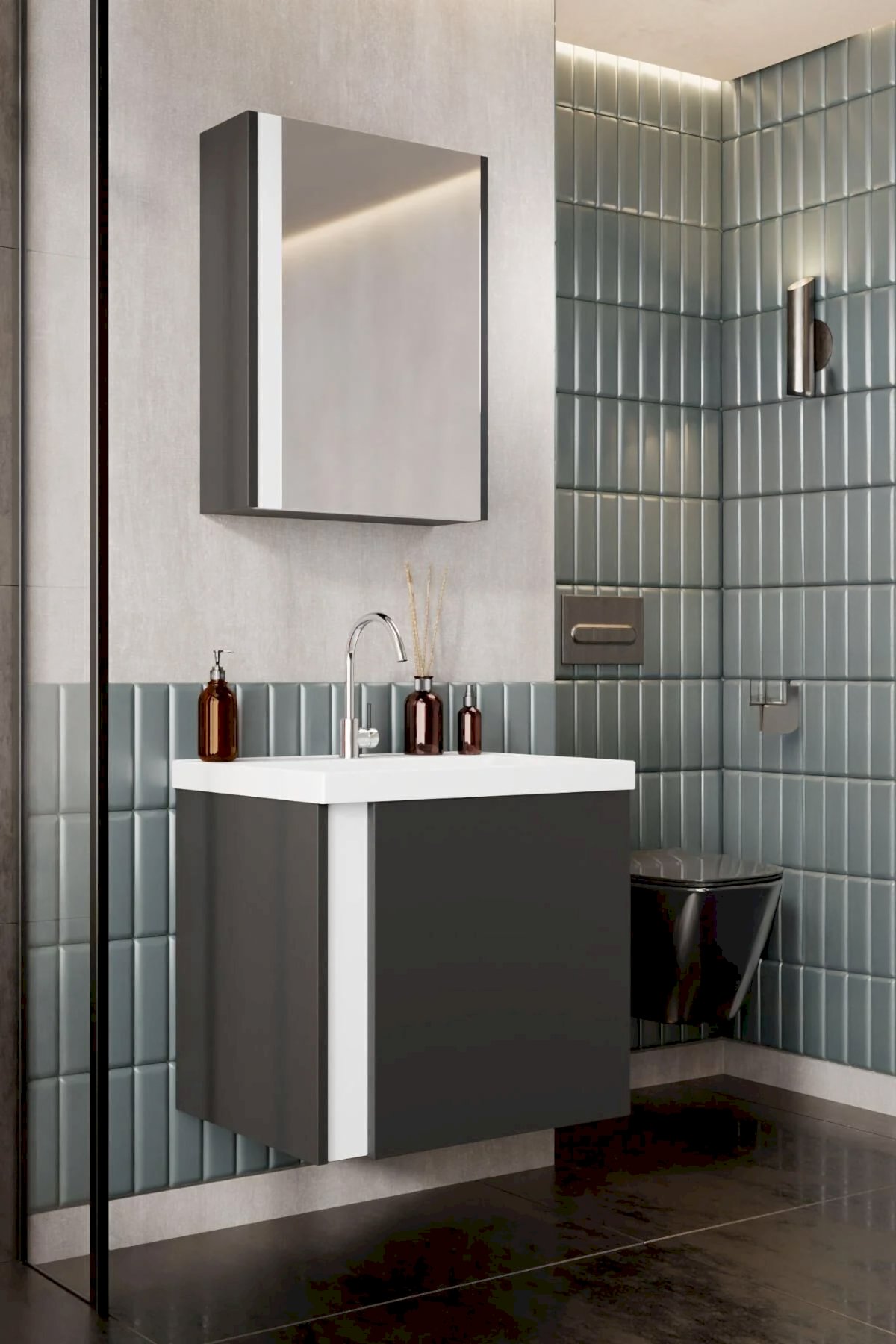 Karen Banyo Kemer 60 CM Lavabolu Aynalı Banyo Dolabı Mat Antrasit - Mekan Kapı 