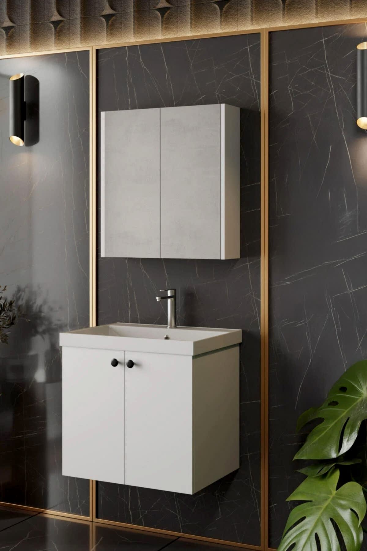 Karen Banyo Mimoza 60 CM Lavabolu Aynalı Banyo Dolabı Seti - Mekan Kapı 