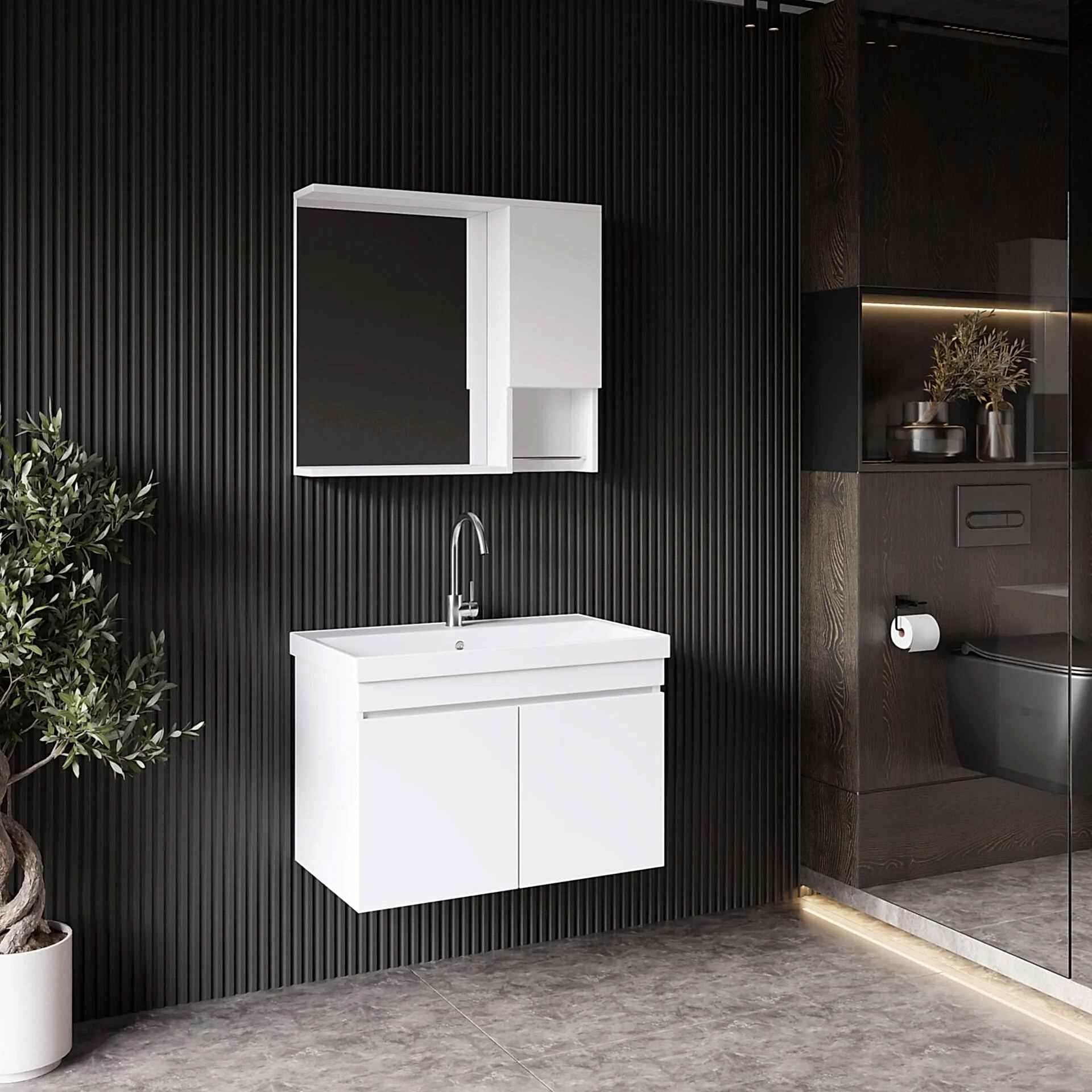 Beyaz Banyo Dolabı Takimi MDF 80 CM - Mekan Kapı 
