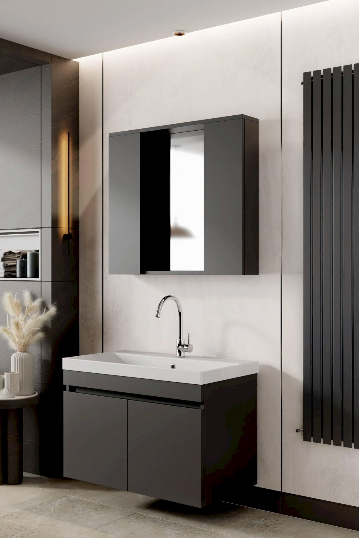 Karen Banyo Arya Banyo Dolabı Seti 80 CM Mat Antrasit - Mekan Kapı 