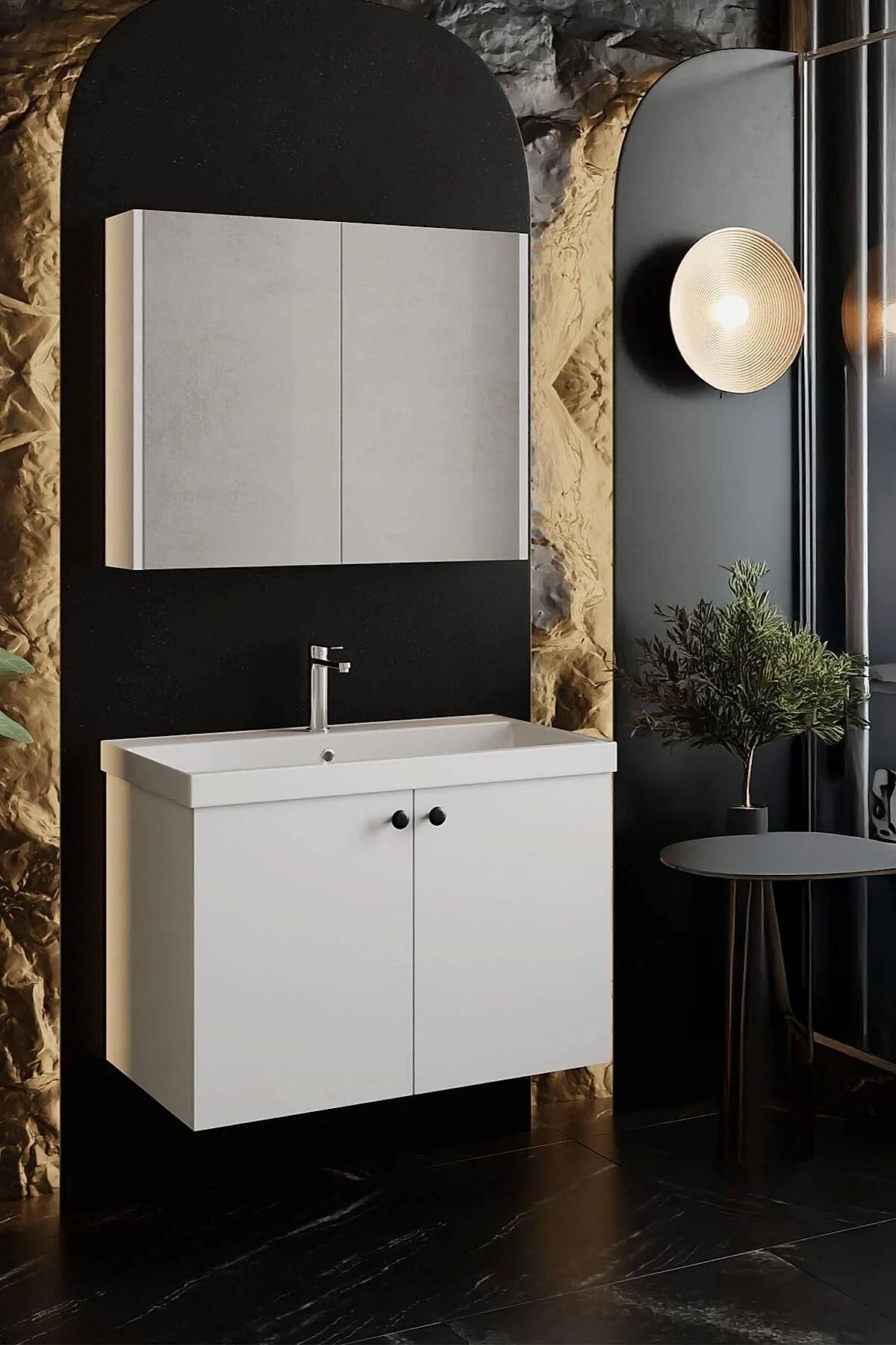 Karen Banyo Mimoza 80 CM Lavabolu Aynalı Banyo Dolabı Seti - Mekan Kapı 