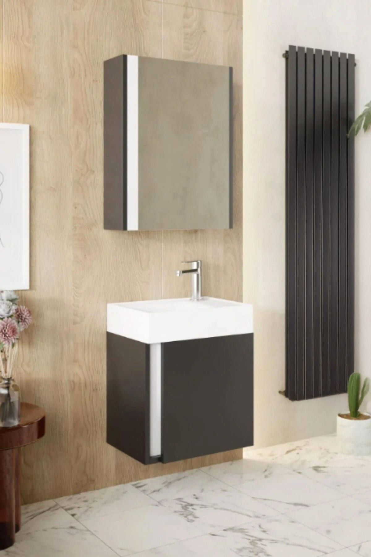 Karen Banyo Kemer 45 CM Lavabolu Aynalı Banyo Dolabı Mat Antrasit - Mekan Kapı 